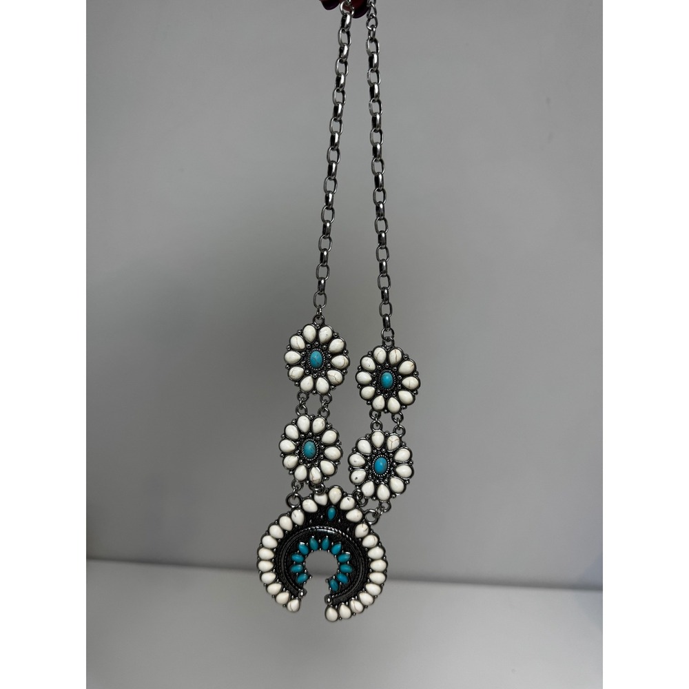 Western Naja Squash Blossom Necklace Turquoise White Faux Stone Silver Tone